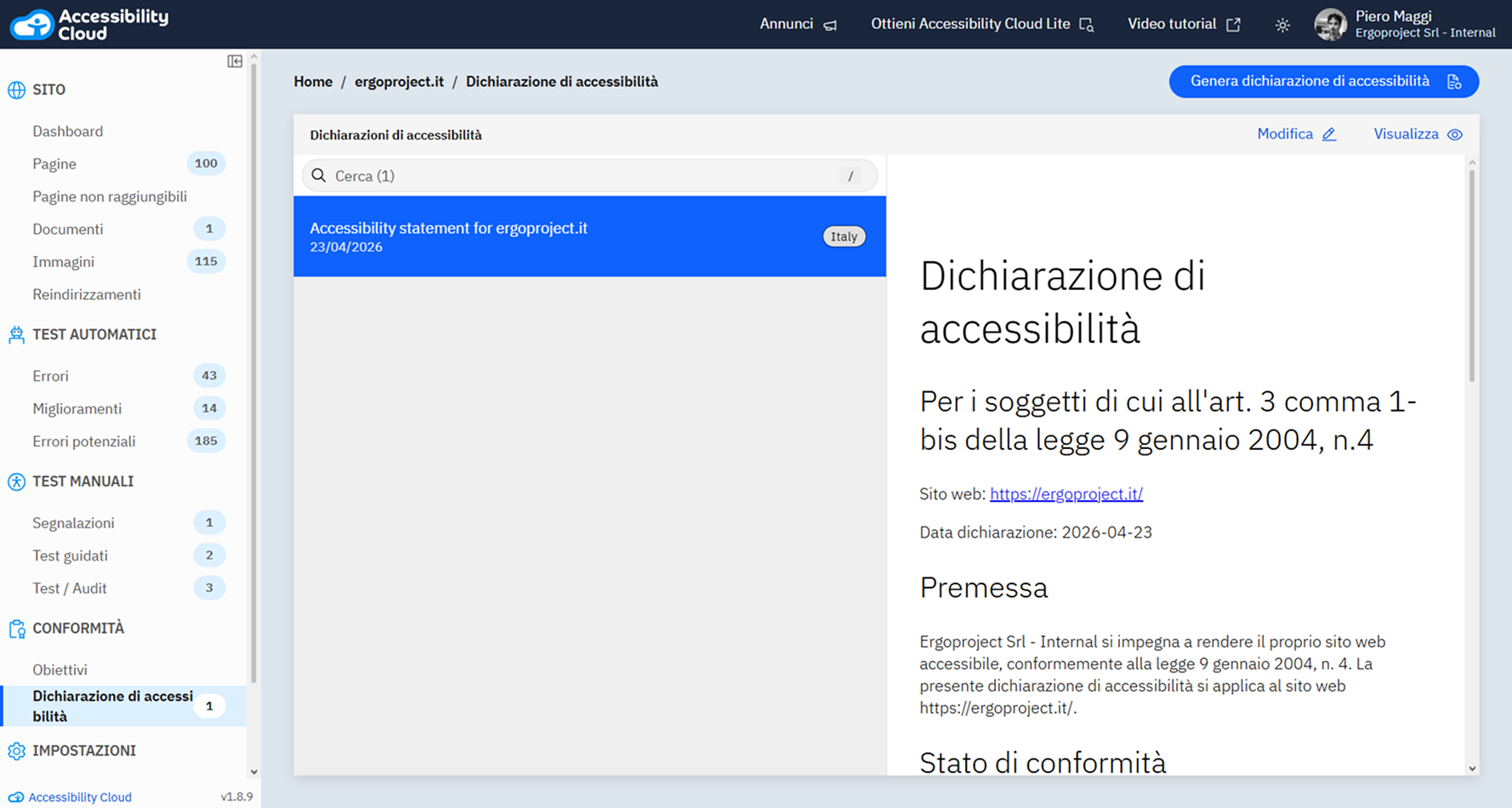Schermata piattaforma Accessibility Cloud